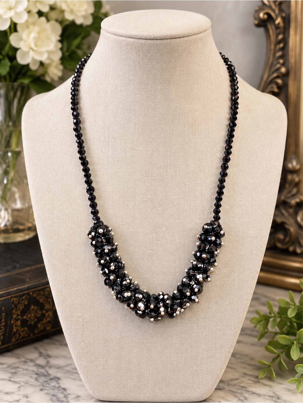 Black Faceted Beaded Statement Necklace with Sparkling Cluster Detail